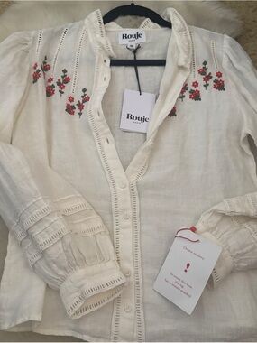 Rouje Cream Linen Blouse with Red Floral Embroidery